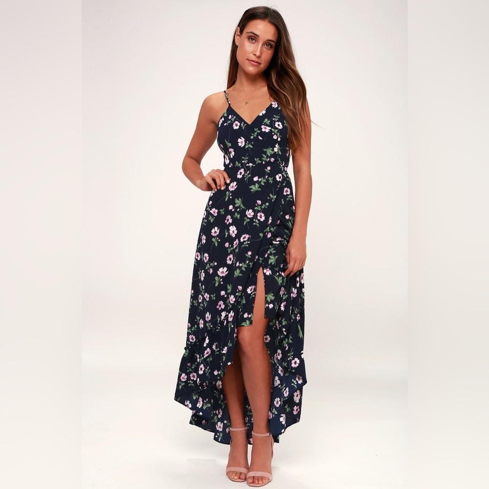 LULUS - Gwendolyn Navy Blue Floral Print Ruffled Surplice Maxi Dress